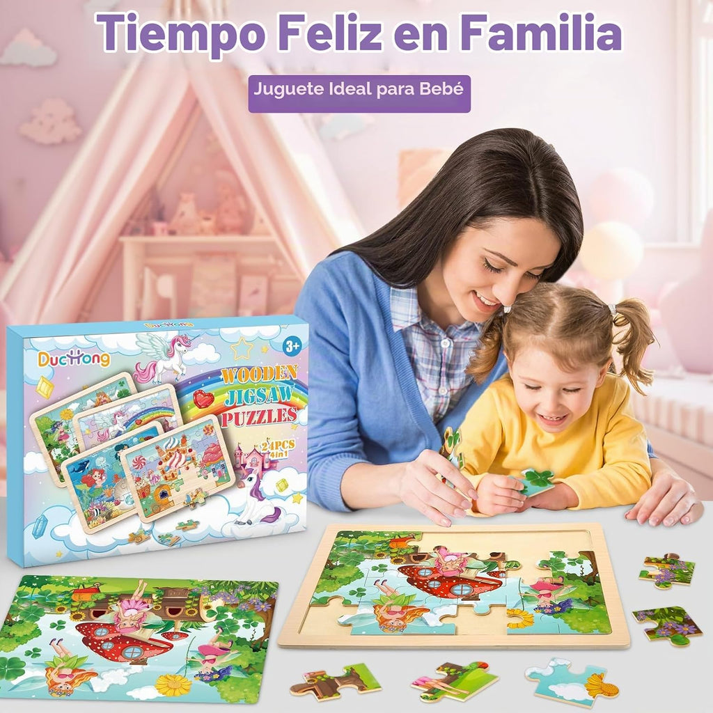 Rompecabezas para niños de 4 a 6 años, 4 paquetes de rompecabezas de madera para niños pequeños de 2 a 4 años, tableros educativos de rompecabezas de princesa, unicornio, sirena y hada para preescolar