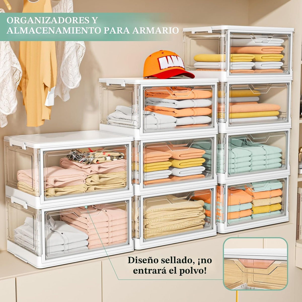 Kmiectse Contenedores de almacenamiento transparentes con tapas - Contenedores de plástico de 4 niveles con ruedas, contenedor de almacenamiento apilable, caja organizadora de armario para dormitorio
