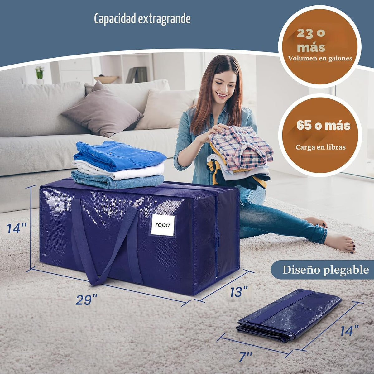 Paquete de 6 bolsas de mudanza grandes extra resistentes con cremallera fuerte y asas cómodas, bolsas de almacenamiento de ropa resistentes y duraderas, cajas de mudanza azules para suministros
