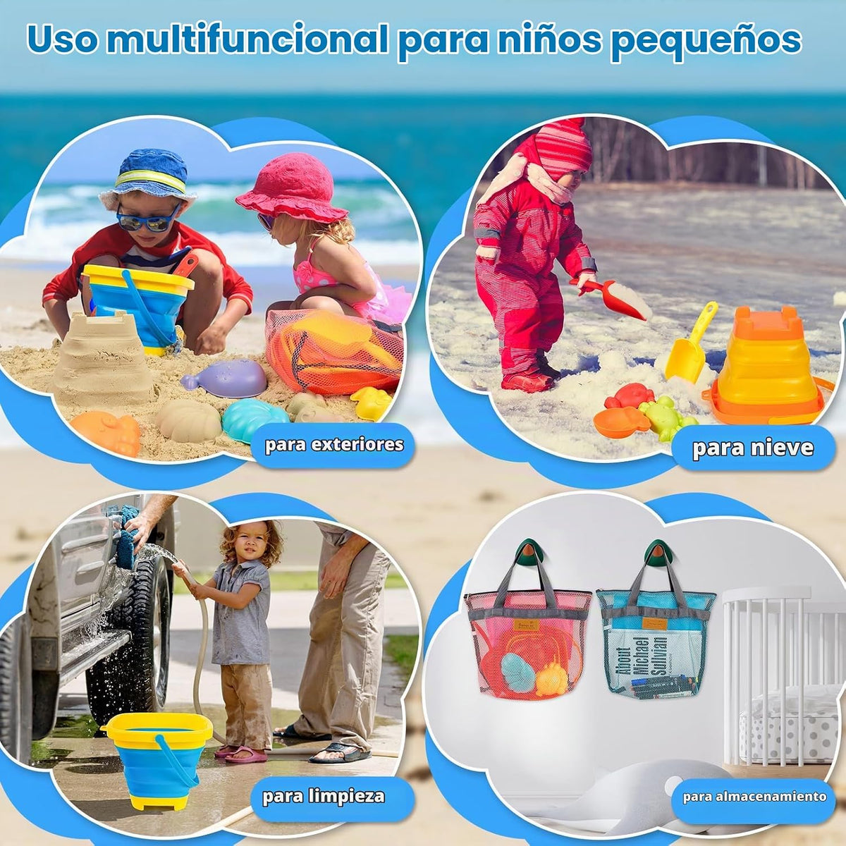 Juguetes de arena de playa para niños con 2 cubos de arena plegables de
