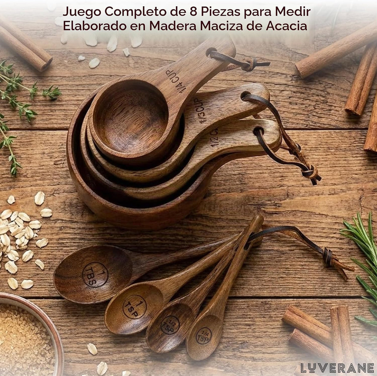 Juego de 8 tazas y cucharas medidoras de madera, madera de acacia maciza con medidas grabadas, utensilios de cocina apilables para cocinar con precisión, hornear y preparar alimentos, ideal para