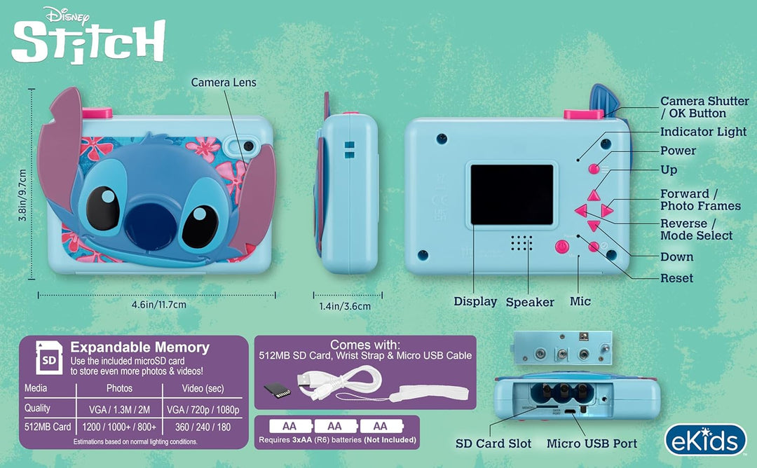 Disney Stitch - Cámara para niños con tarjeta SD, cámara digital pa...