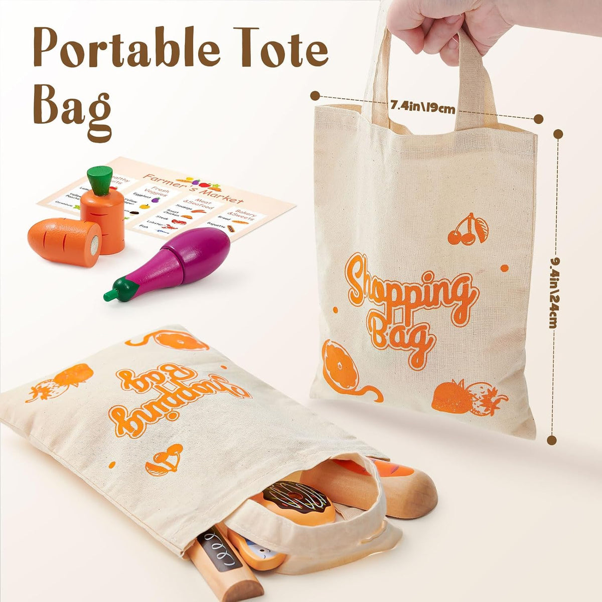 Toyssa Juego de 40 piezas de alimentos de madera con estante de tienda de comestibles y juguetes de corte, accesorios de cocina para niños pequeños, agricultores educativos, regalos de juego de rol para niñas y niños de 3 a 7 años