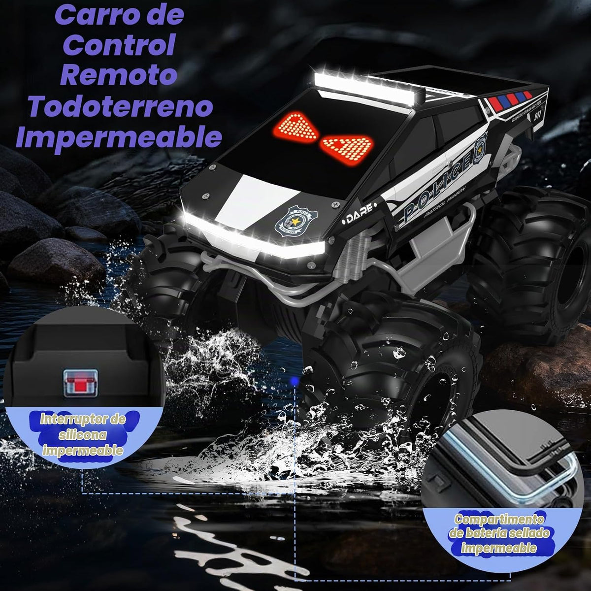 Coche de control remoto de policía con ojos dinámicos LED, autos RC anfibios 1:18, camioneta todo terreno 4WD, camión cibernético impermeable de 2.4 GHz, camión monstruo giratorio de 360°, juguetes