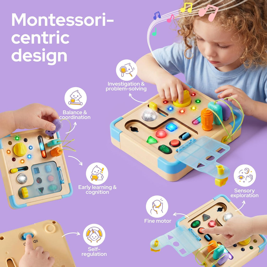 Tablero de actividades con 15 luces LED Montessori - Juguete educativo de aprendizaje Montessori con 9 sonidos, 5 interruptores y enchufes, juguetes de viaje, tabla de actividades sensoriales para 18 meses, regalo de cumpleaños para niños y niñas de 3