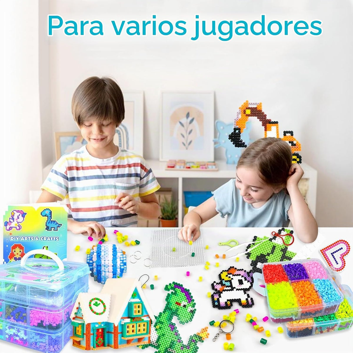 Kit de Cuentas Fusibles para Niños - 11000 Cuentas Fusibles, 20 Colores, 5mm, Juego de Manualidades con Caja de Almacenamiento, Tableros de Conexión, Papel de Planchado y Accesorios, Juguetes y