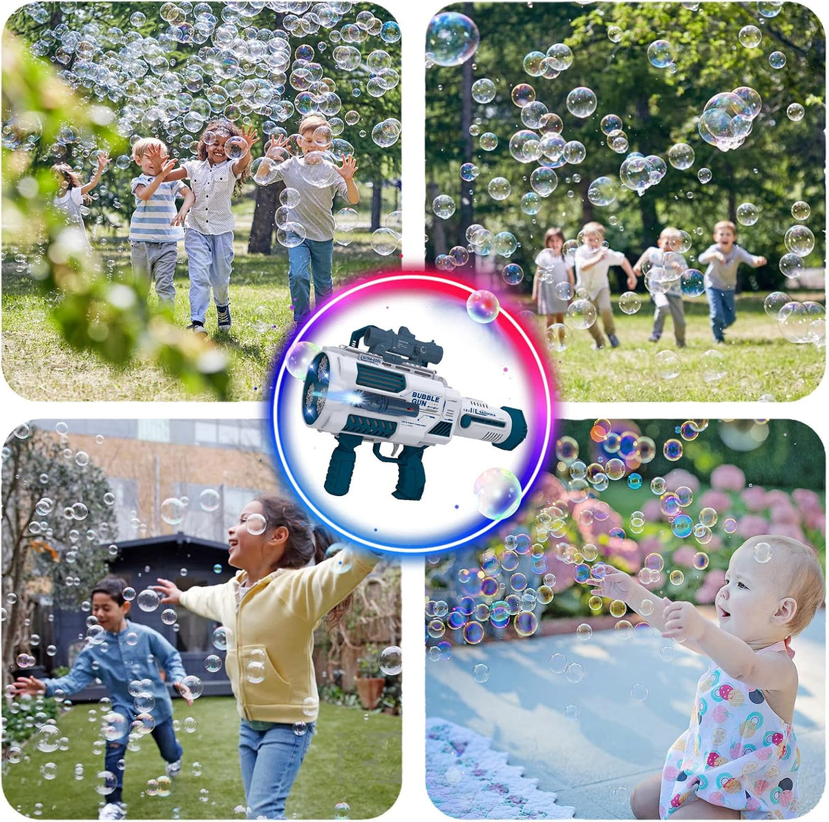Pistola automática de burbujas Gatling con 2 baterías recargables, produce decenas de miles de burbujas/minuto, incluye vista y linterna, ABS probado en caídas, juguete de máquina de burbujas para niños y adultos, fiesta, boda