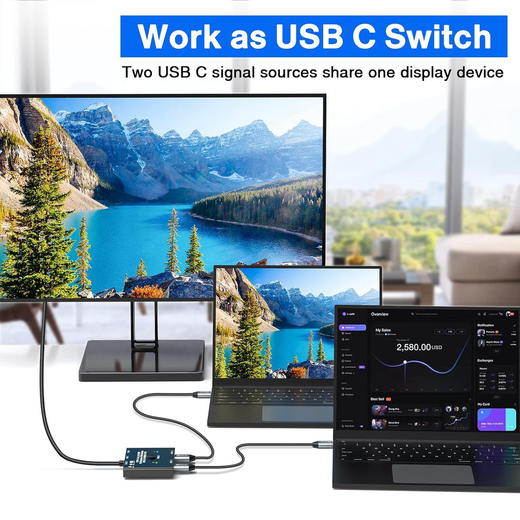 Interruptor USB C 2 en 1 Salida USB C Selector de conmutador para 2 computadoras portátiles comparte 1 dispositivo USB, transferencia de datos 4K @60Hz/10Gbps y carga PD de 100 W, control con cable y