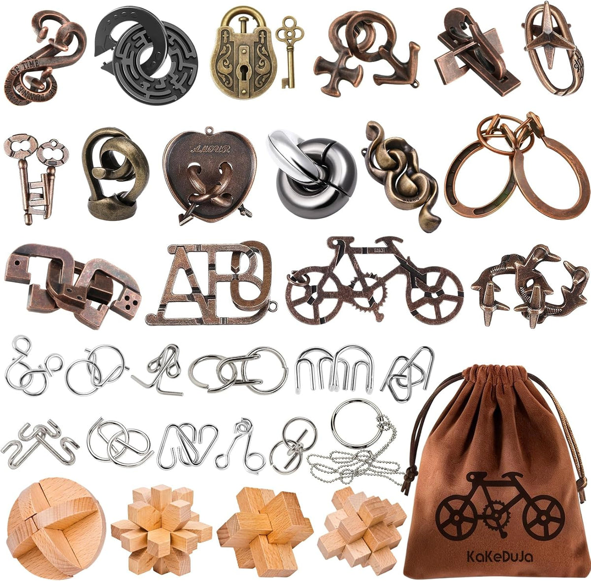 Juego de 32 rompecabezas de rompecabezas para adultos y niños, juego de inteligencia 3D de madera y metal, rompecabezas de lógica de desenmarañamiento desafiante, juego de bolsa de viaje portátil para fiesta familiar