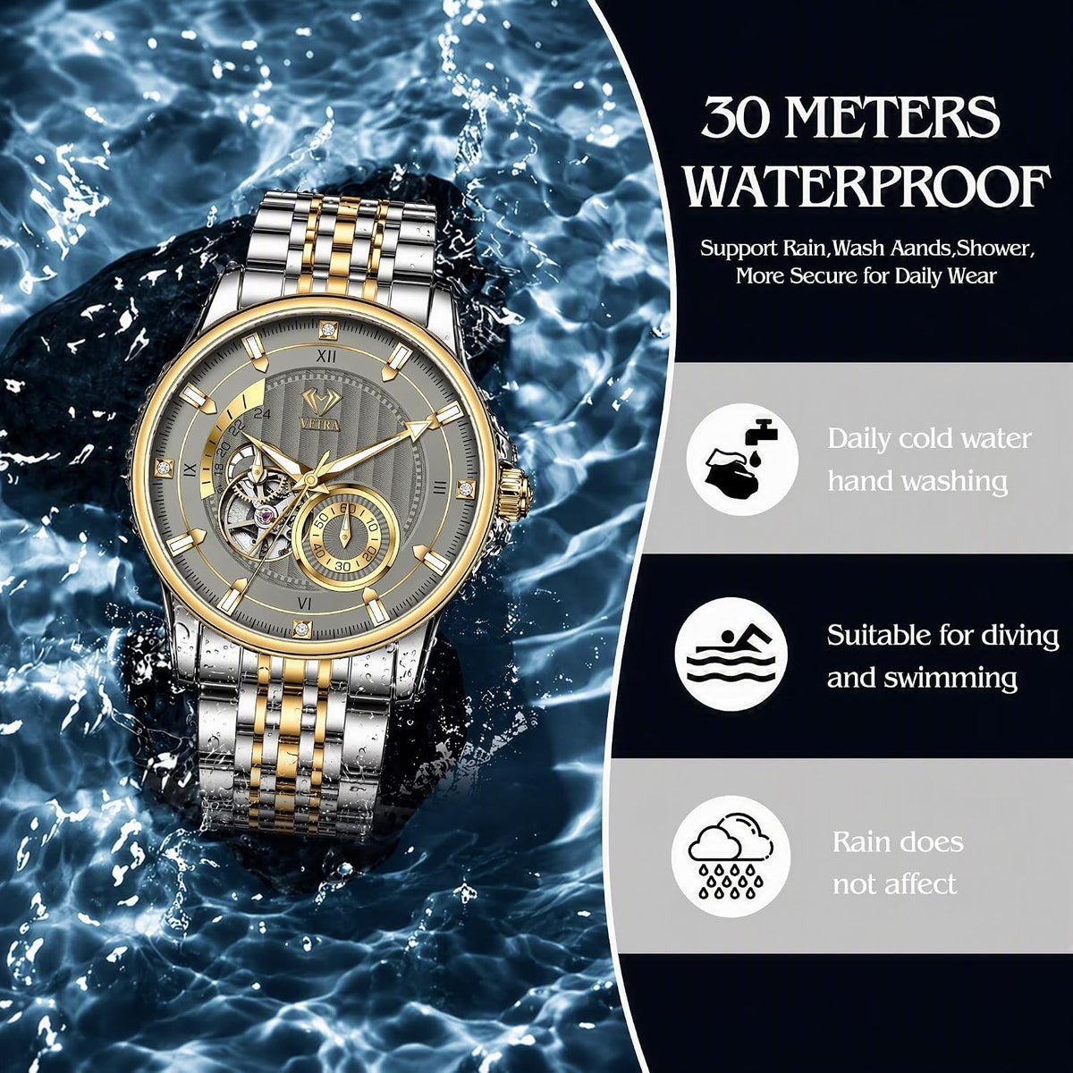 Vetra Relojes automáticos de lujo para hombre Waterpoof Dress Reloj de