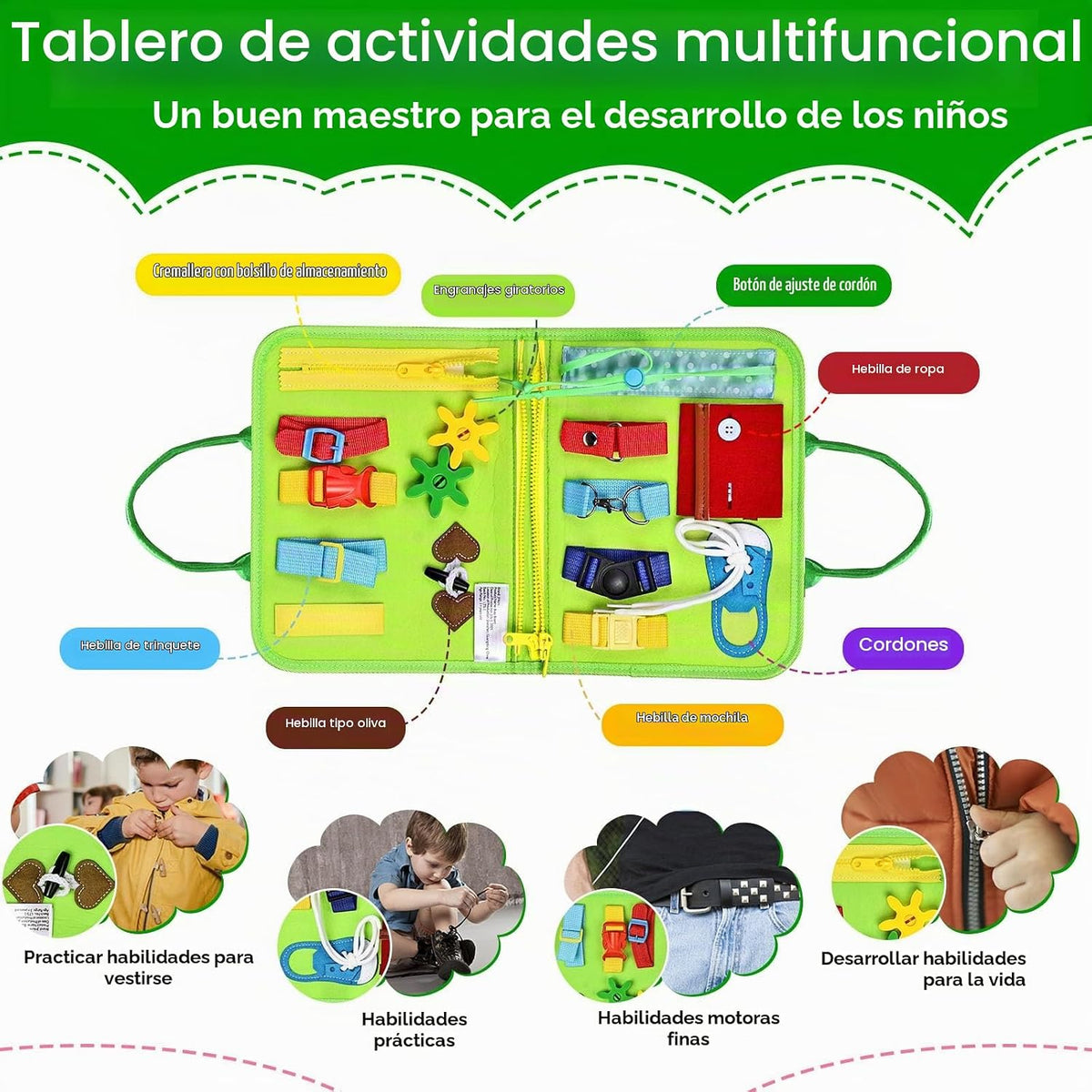 Juguetes Montessori de tablero ocupado, regalos de cumpleaños para niños y niñas, juguete de viaje sensorial para autismo, tablero de libros ocupados para actividades educativas, juguetes de aprendizaje de habilidades motoras finas, color verde