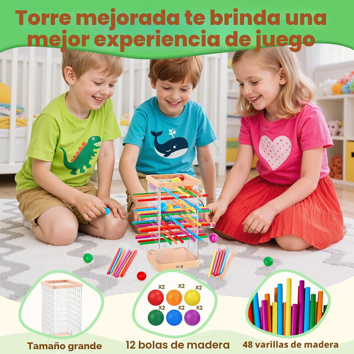 Juegos de mesa de madera Montessori, juego de dados con 48 palos coloridos y 12 bolas, juego familiar para niños y adultos, juguetes educativos de matemáticas para niños de 3, 4, 5 y 6 años, juguete