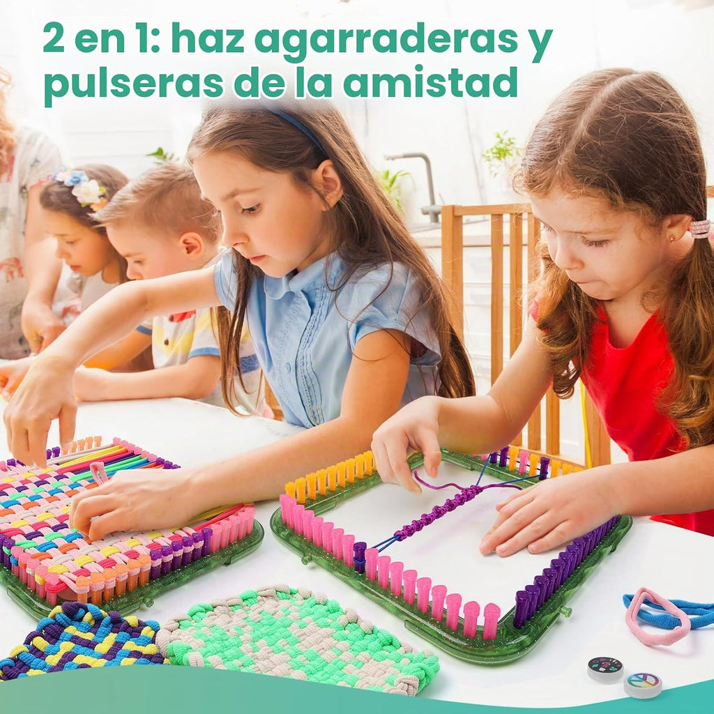 FUNiOi Kit de telar de tejer juguetes para niños, proyectos de manualidades de bricolaje de 6 agarraderas y 10 pulseras de la amistad, kits de tejido de telar cuadrado armable 2 en 1, ideas de regalo