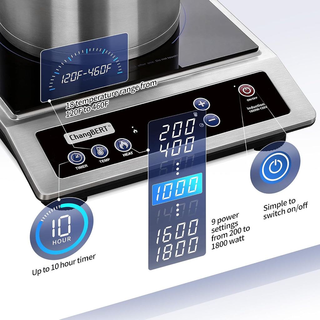 ChangBERT Estufa de Inducción, Cocina Portátil de Grado Comercial, Bobina de Calentamiento Grande de 8”, Quemador de Encimera de Acero Inoxidable Premium con Certificación NSF, Temporizador de 10 Horas Placa Caliente Profesional de 1800W