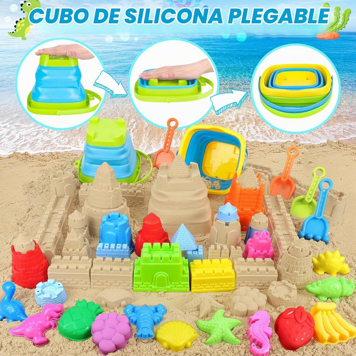 RACPNEL Juguetes de playa con cubos plegables, kit de castillo de arena