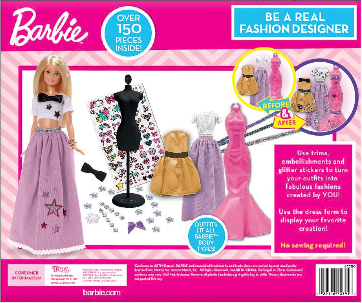 Tara Toys Barbie Sé una verdadera diseñadora de modas Set clásico de kit de ropa de muñeca DIY para niñas con tela, cintas, pegatinas y libro de bocetos Juguetes de moda creativa para niñas de 6 años