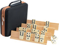 Bucher&Rossini Juego de dominó para adultos con 4 bastidores de dominó dobles de seis juegos de dominó en estuche portátil con 4 soportes de dominó de madera en estuche rígido de EVA, resistente y fácil de llevar, regalo ideal