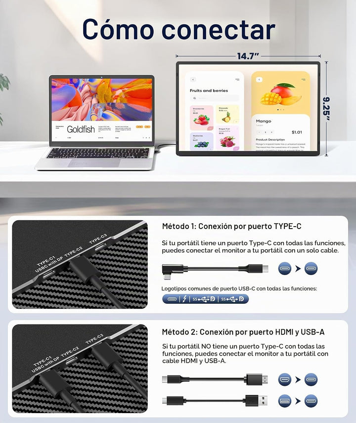 Wixzet Monitor portátil de 16.1 pulgadas, extensor de pantalla para...