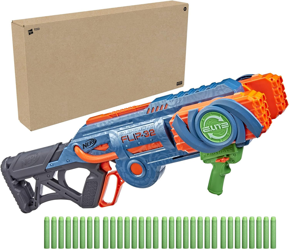 Nerf Elite 2.0 Flipshots Flip-32 Blaster con 32 cañones de dardos que se voltean para duplicar tu potencia de fuego, capacidad de 32 dardos, 32 dardos Elite