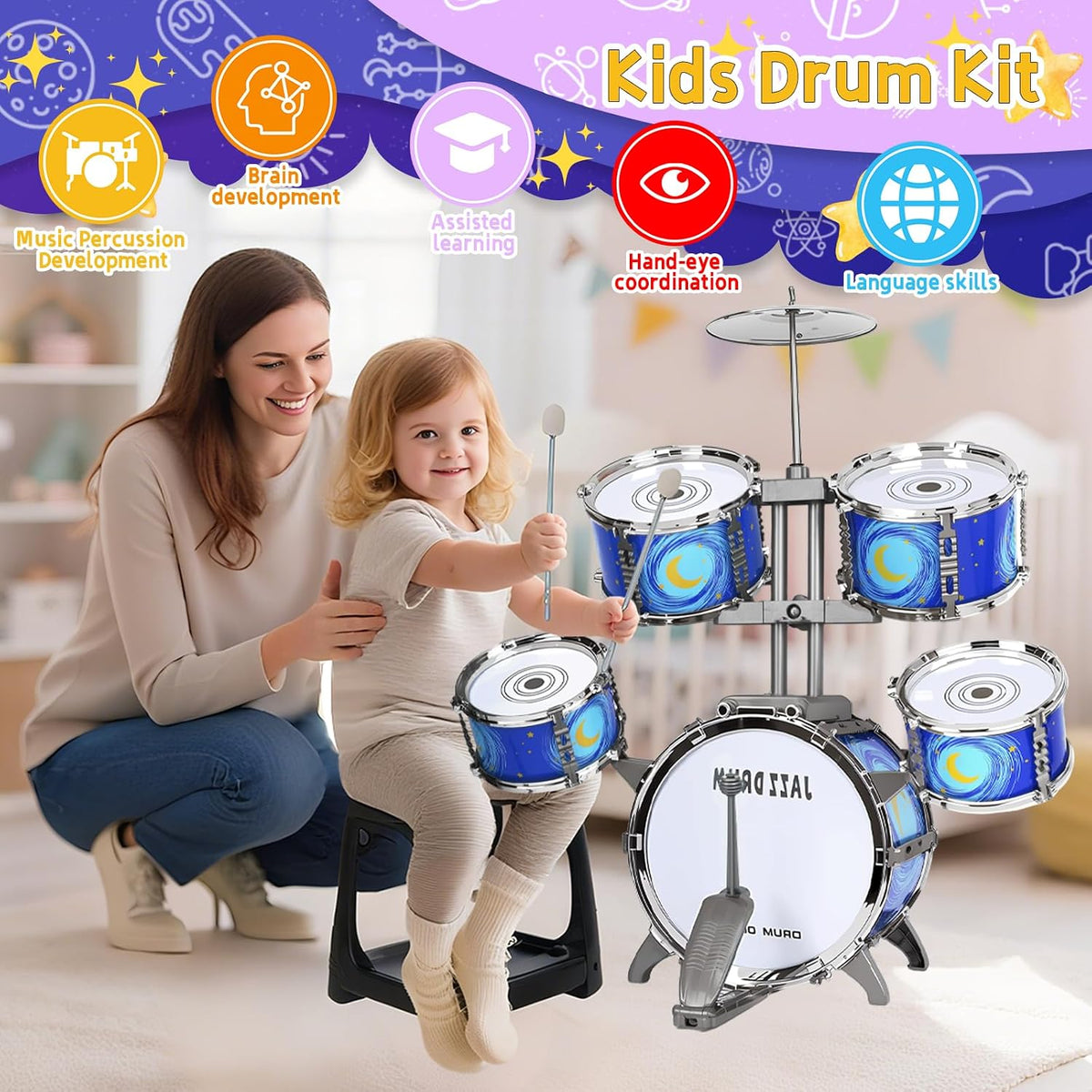 Set de Tambor para Niños Mejorado para Toddlers de 3-5 Años: Tambor Jazz de Plástico con Banqueta