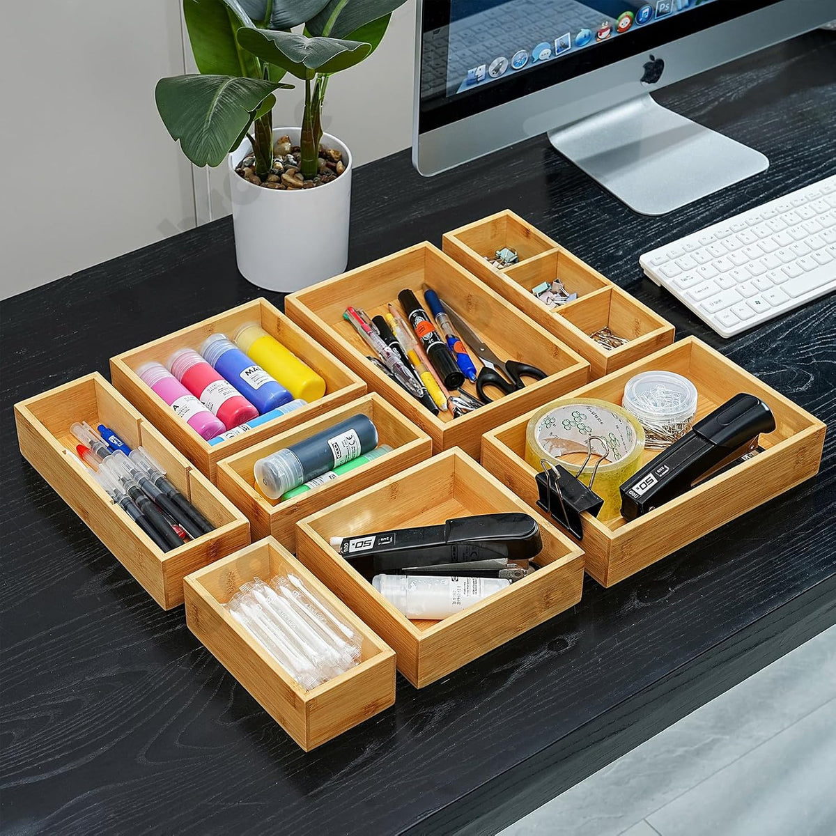 Fabsome Organizador de cajones, juego de 9 cajas de almacenamiento de madera de bambú para cocina, escritorio de maquillaje, cajas de almacenamiento para cubiertos, cubiertos, cubiertos, bandeja pequeña de madera para baño, oficina
