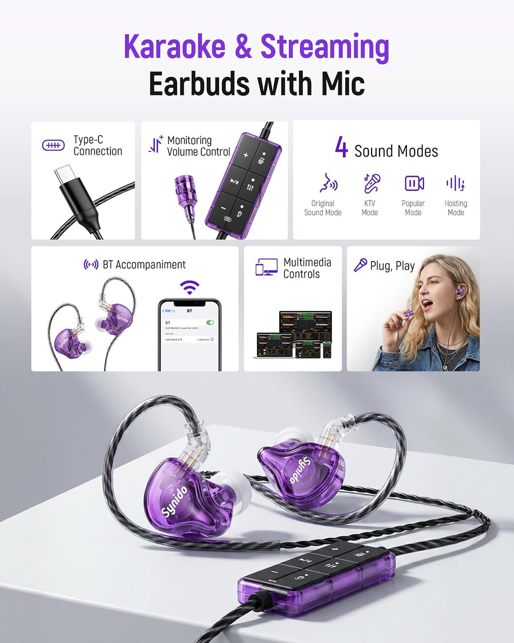 Auriculares tipo diadema con tarjeta de sonido y micrófono, monitores intrauditivos para karaoke y transmisión en vivo