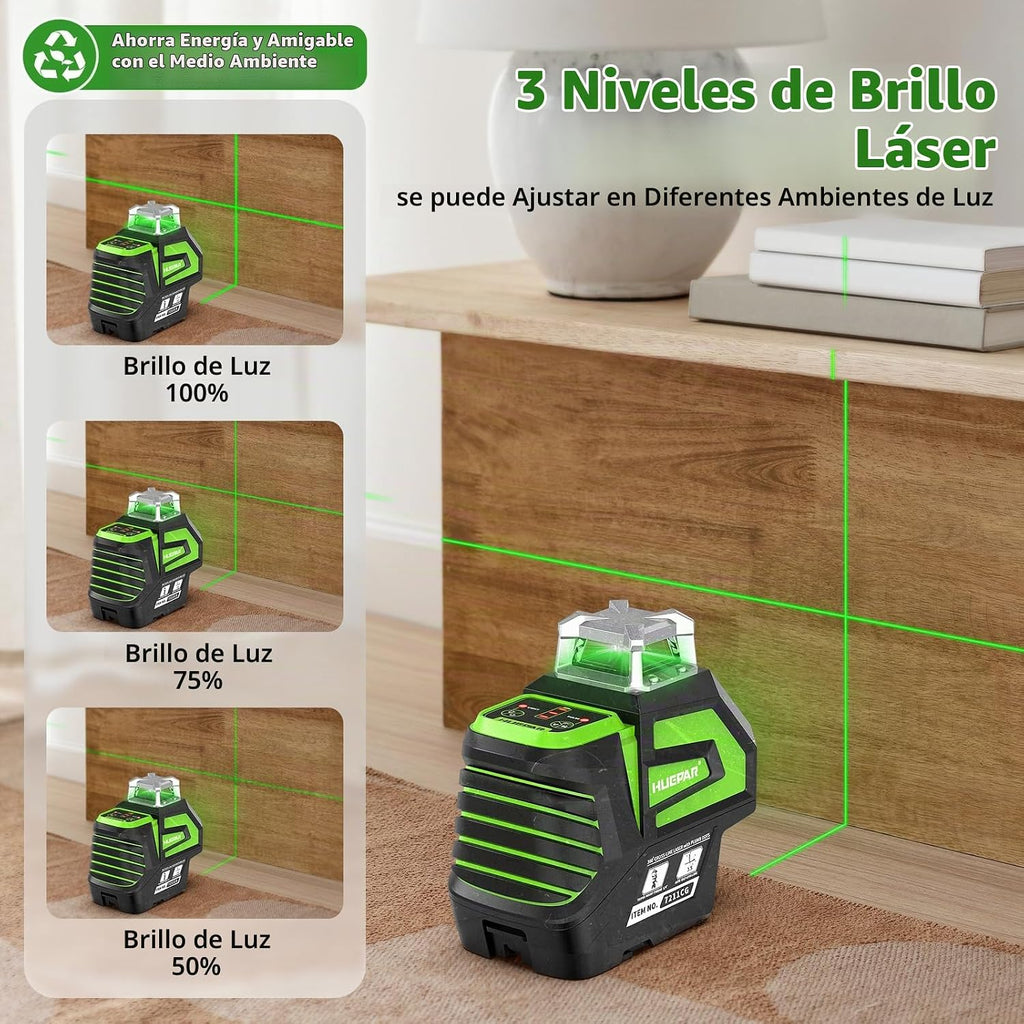 Huepar Láser de línea cruzada verde autonivelante de nivel láser con 2 puntos de plomada herramienta láser - Línea horizontal de 360° más láser de nivel vertical de 140° con puntos arriba y abajo - Soporte recargable y magnético 7211CG