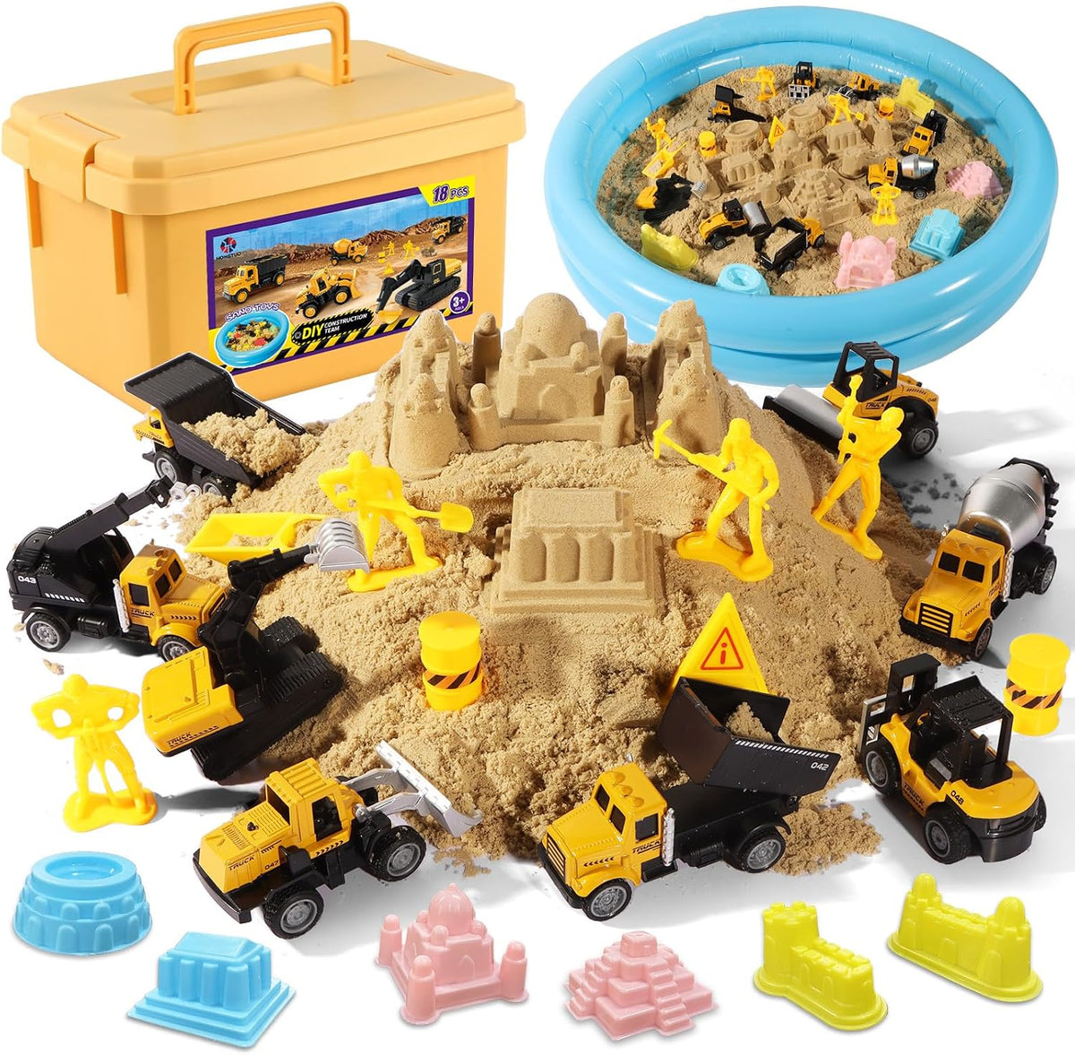 HONGTUO - Kit de arena de construcción para niños, arena sensorial con camiones de construcción y moldes de castillo, área de juego de arena inflable y cubo sensorial