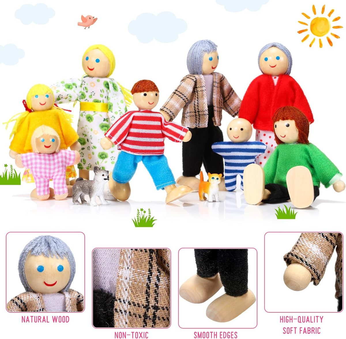Juego familiar de casa de muñecas de madera de 20 piezas, 16 mini figuras de personas, 4 mascotas, vívido