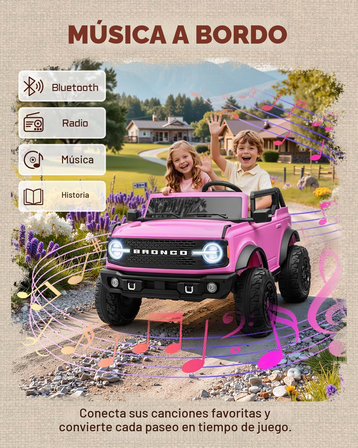 First Ride On Juguetes de paseo de 24 V para niños grandes, auto eléctrico de 2 plazas con licencia Ford Bronco Base con control remoto, camión con cinturones de seguridad, 3 velocidades, suspensión de resorte y Bluetooth (rosa)