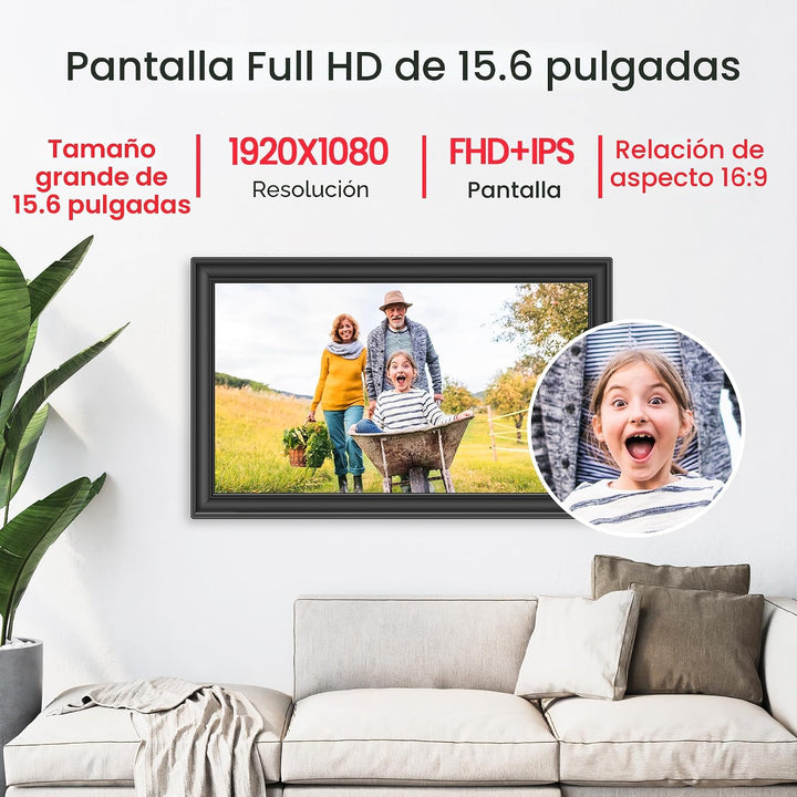 Marco de fotos digital Frameo de 64 GB de 15.6 pulgadas, WiFi, marc...