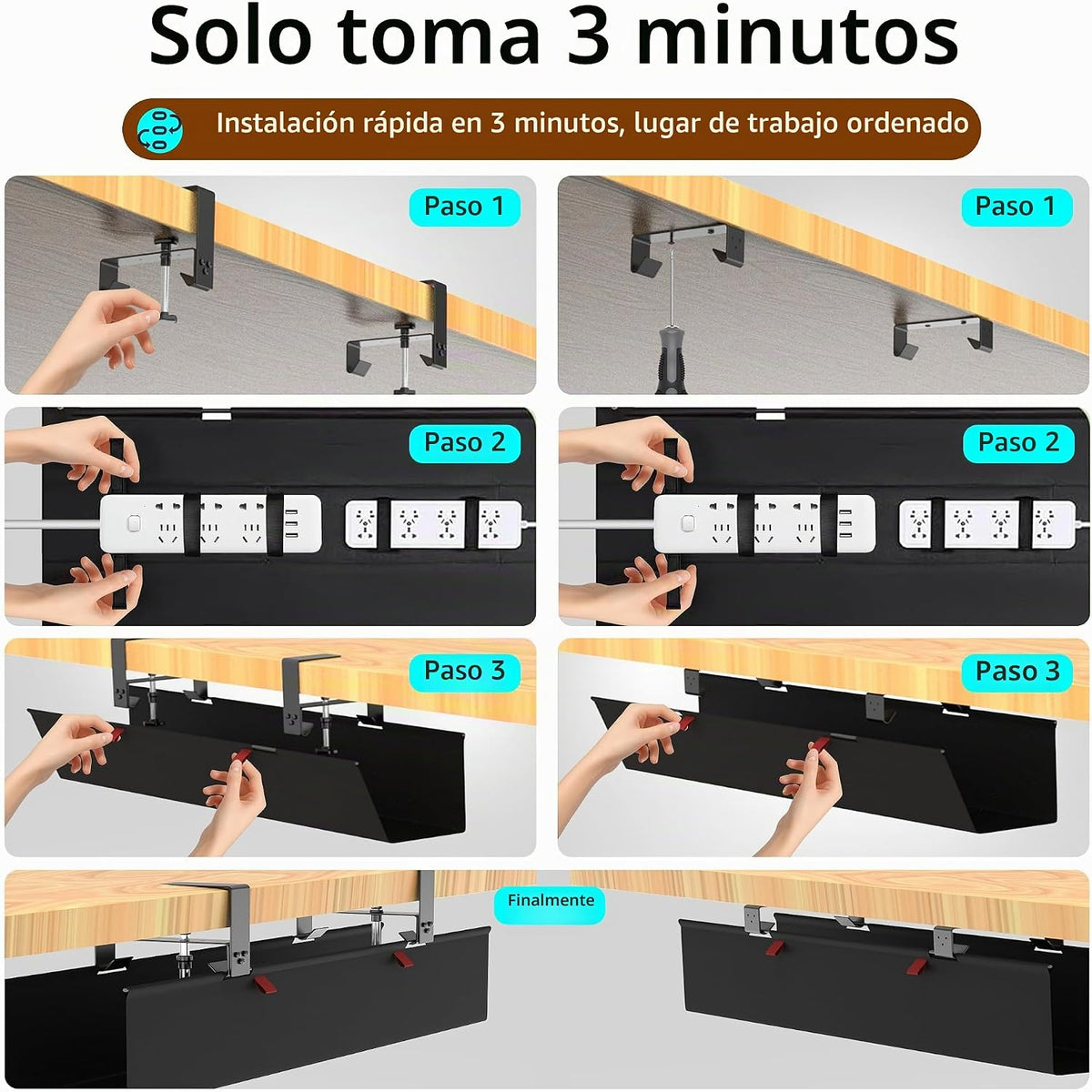 Bandeja de gestión de cables debajo del escritorio de 48" para juego, Negro sin taladro, Organizador de cables para PC, Grande anti-hundimiento para ocultar cables, Red de gestión de cables furtiva para estación de batalla (Negro, 47.8")