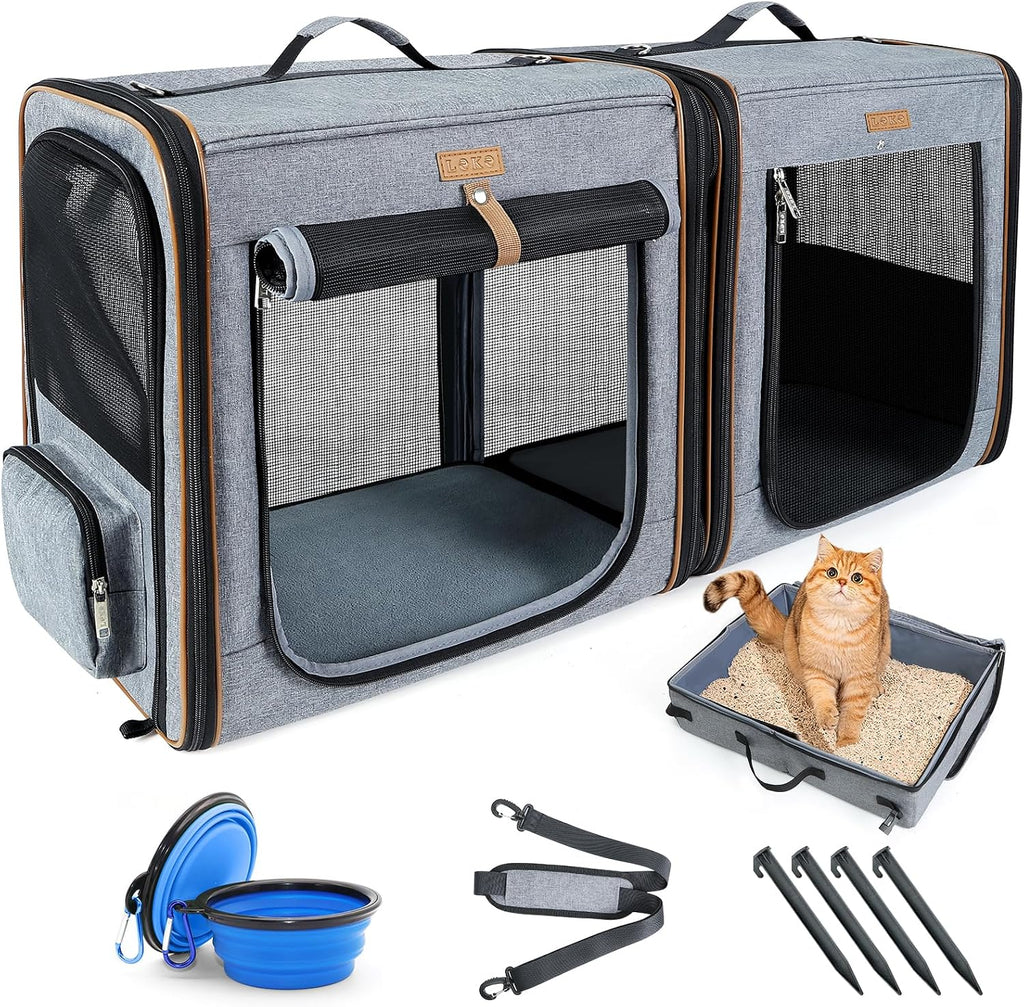 Lekereise - Transportador grande para gatos de lados suaves para 2 gatos con caja de arena, transportador de viaje doble 2 en 1 para viajes en movimiento y viajes largos por carretera