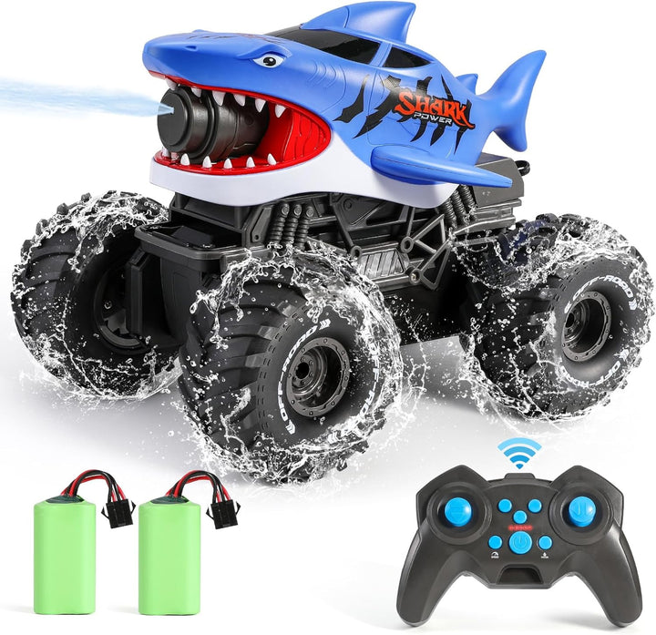 BOBXIN Camión monstruo de tiburón con control remoto anfibio, 4WD t...