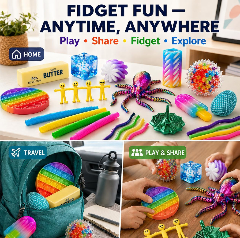Caja de aventura sensorial definitiva de 25 piezas, juego de juguetes para ansiedad para niños con huevo de dragón, juguetes esponjosos, tubos pop, juguetes elásticos, bolas antiestrés