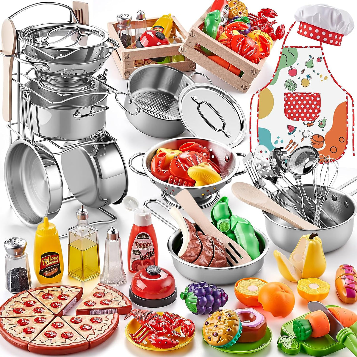 Shimirth Play Kitchen Accessories, Large Stainless Steel Kids Cooking Set