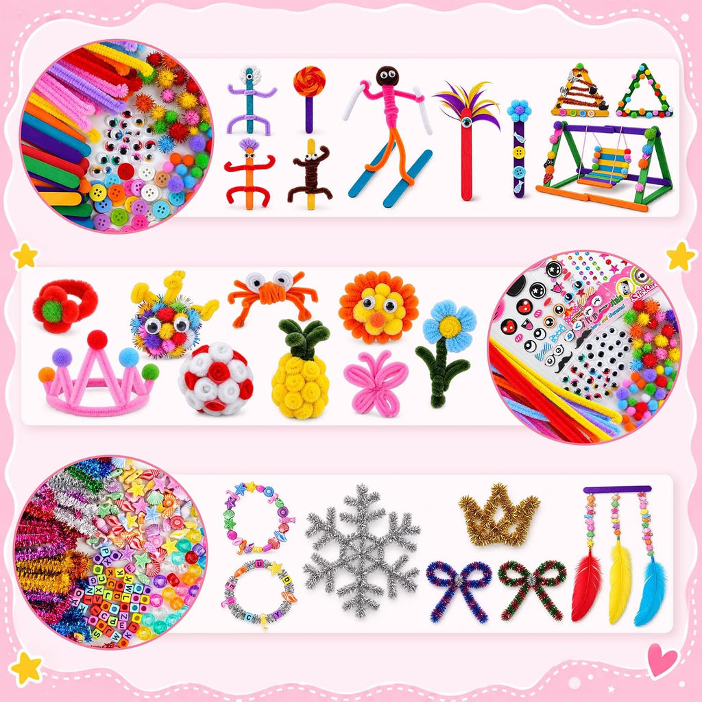 Anyeve Kit de 2176 piezas de suministros para artes y manualidades, caja de manualidades todo en uno con pompones y plumas, ideas de regalo de manualidades y juego de actividades artísticas para niños