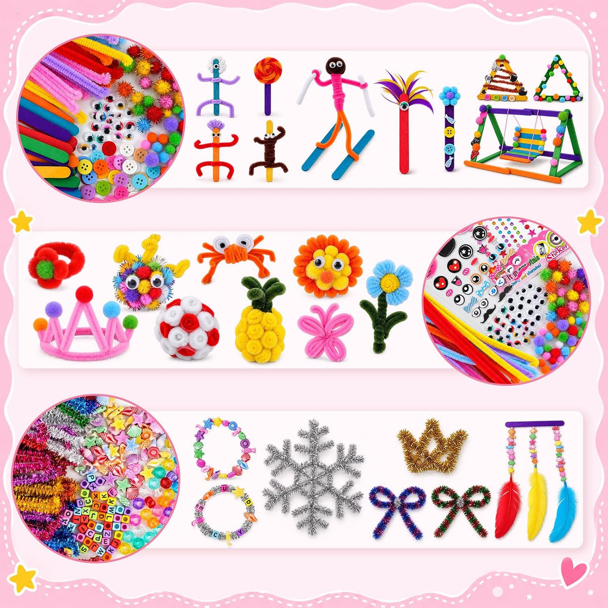 Anyeve Kit de 2176 piezas de suministros para artes y manualidades, caja de manualidades todo en uno con pompones y plumas, ideas de regalo de manualidades y juego de actividades artísticas para niños