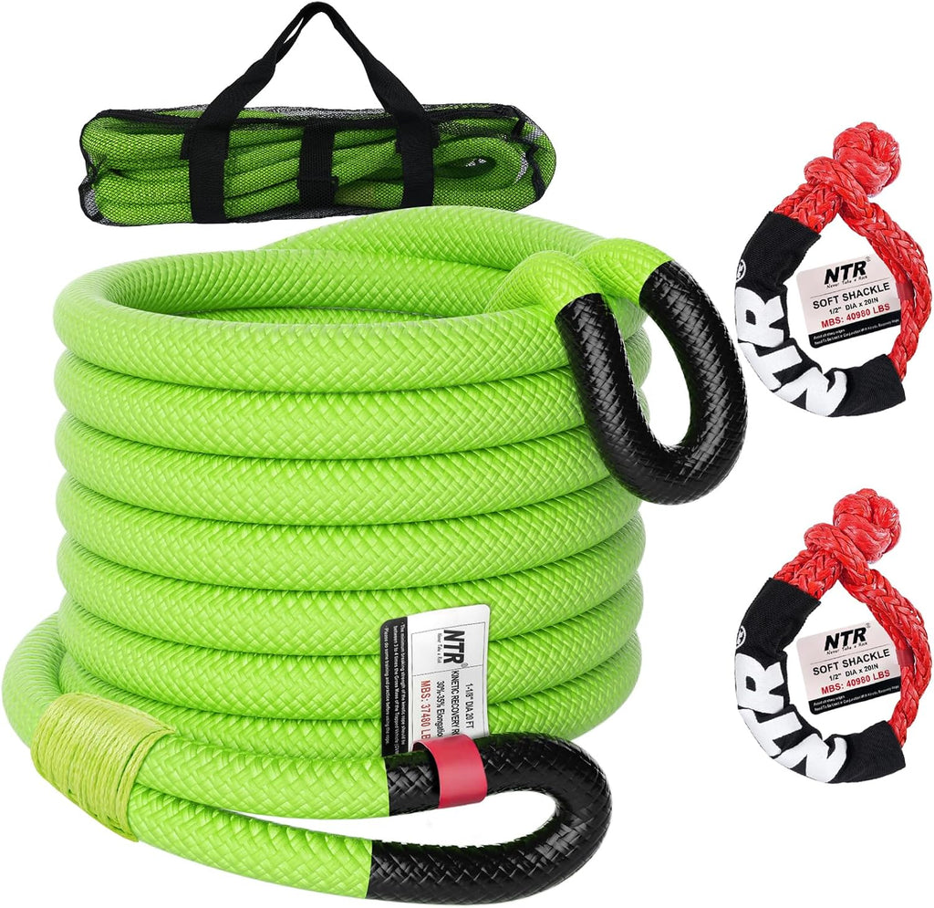 Cuerda de remolque de recuperación cinética de 1-1/8 pulgadas x 20 pies (37,480 libras), con 2 grilletes suaves UHMWPE (40,980 libras), correa de arranque todoterreno resistente, kit de