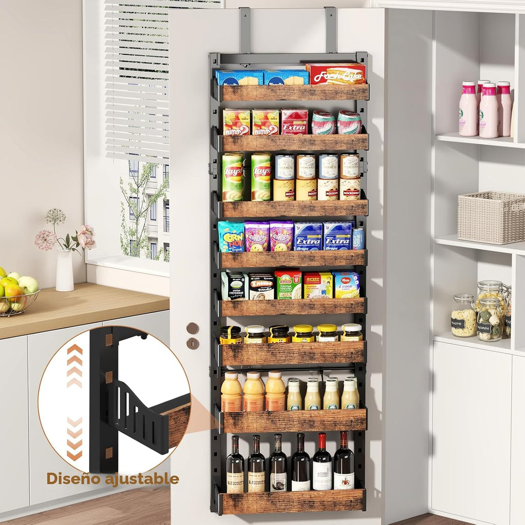 Organizador de despensa de 8 niveles sobre la puerta, soporte de pared de metal resistente o estante de especias colgante, estantes de almacenamiento detrás de la puerta con cesta ajustable, organizador trasero de puerta para armario de cocina y armario