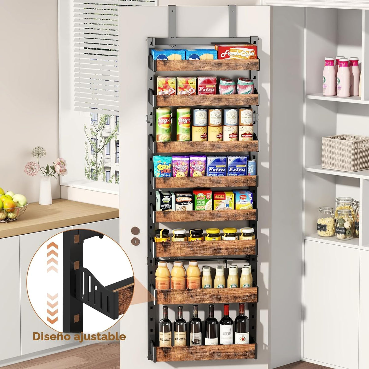 Organizador de despensa de 8 niveles sobre la puerta, soporte de pared de metal resistente o estante de especias colgante, estantes de almacenamiento detrás de la puerta con cesta ajustable, organizador trasero de puerta para armario de cocina y armario