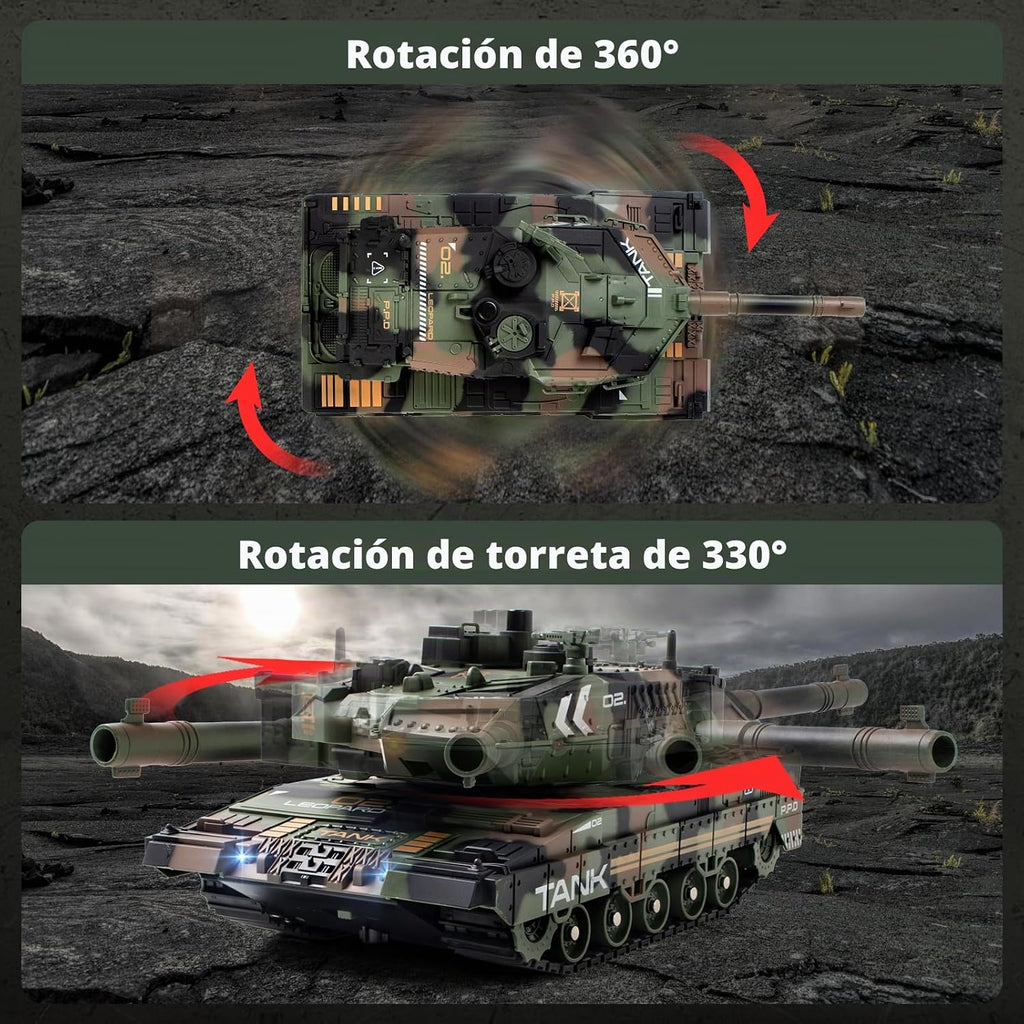 1:24 RC Tank-2.4G Tanque militar con control remoto que dispara BBS con torreta giratoria de 360°, demostración automática, sonido, luz y humo, vehículo militar de escalada todo terreno, juguete de juguete para niños de 8 a 12 años
