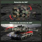 1:24 RC Tank-2.4G Tanque militar con control remoto que dispara BBS con torreta giratoria de 360°, demostración automática, sonido, luz y humo, vehículo militar de escalada todo terreno, juguete de juguete para niños de 8 a 12 años