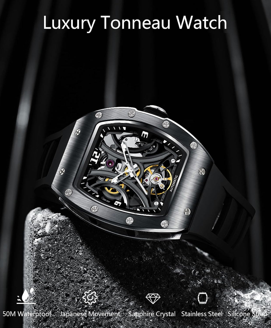 Paras Crown Relojes Automáticos para Hombre Caja de Acero Correa de Silicona Analógico 30M Resistente al Agua Reloj Mecánico Relojes de Moda para Hombre Relojes De Hombre