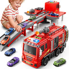 Camiones de bomberos de juguete para niños pequeños de 3 a 5 años, pista de carreras plegada con luces y sonidos y 6 autos de carreras, regalo de cumpleaños para niños y niñas de 3, 4, 5, 6, 7, 8 años