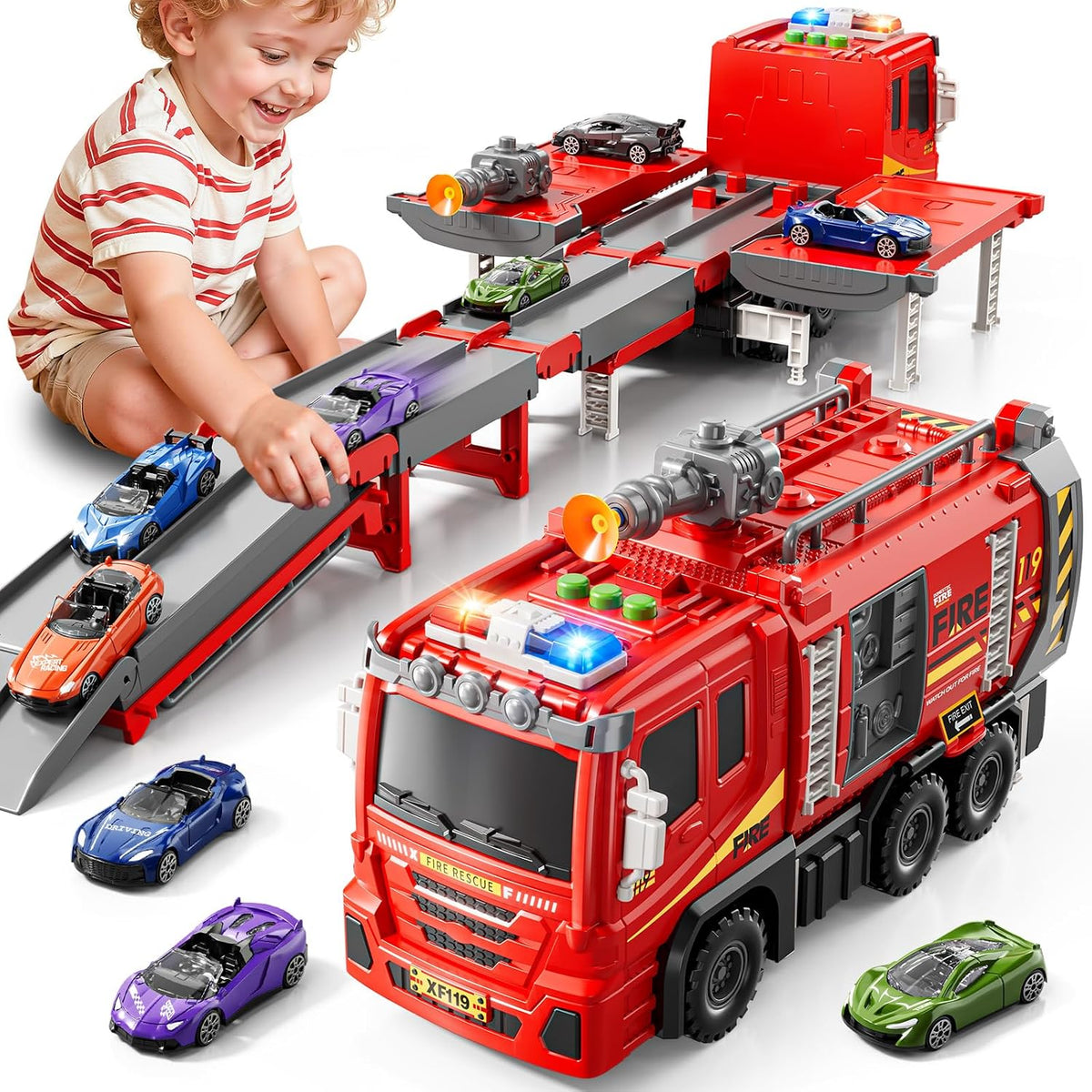 Camiones de bomberos de juguete para niños pequeños de 3 a 5 años, pista de carreras plegada con luces y sonidos y 6 autos de carreras, regalo de cumpleaños para niños y niñas de 3, 4, 5, 6, 7, 8 años