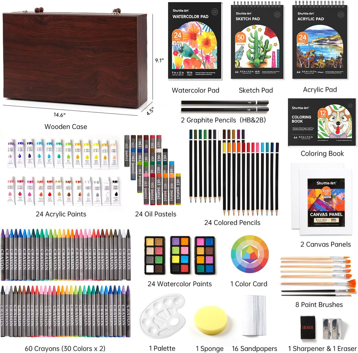 Shuttle Art - Juego de regalo de arte de lujo, set de 202 piezas de suministros de arte de madera con 4 blocs de dibujo, lienzos, hojas para colorear, pintura acrílica, crayones, pasteles al óleo