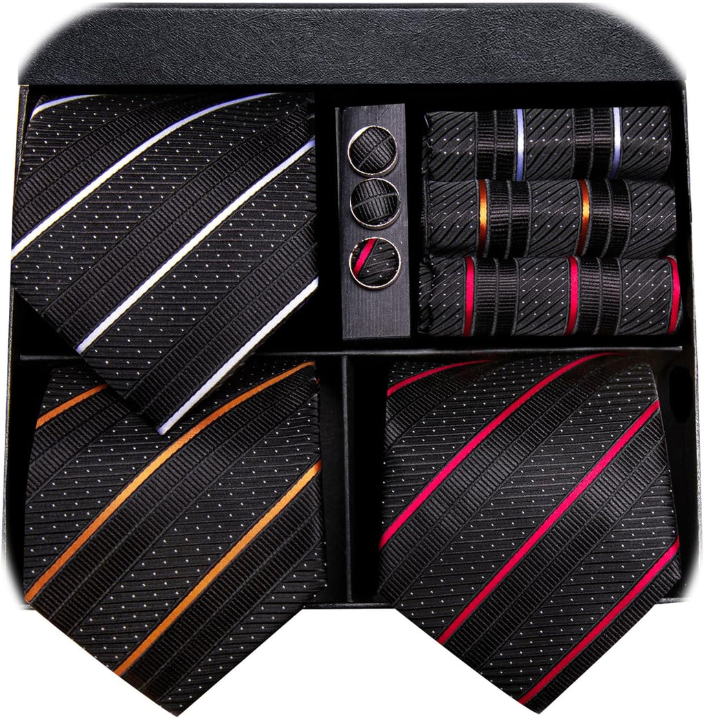 Hi-Tie - Juego de 3 piezas para hombre, incluye corbata, pañuelo de bolsillo, gemelos y pin de solapa, colección de corbata de seda