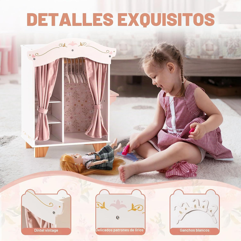 ROBUD Armario de juego de madera para muñecas, Armario de muñecas mueble closet