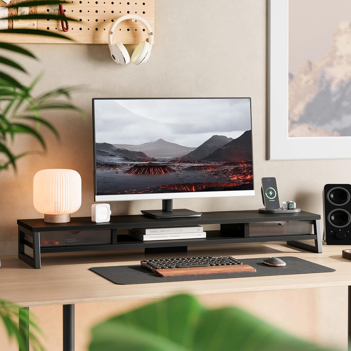 Fenge - Elevador de soporte para monitor doble, estante de escritorio de 42.5 pulgadas con 2 cajones, color negro